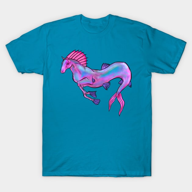Bubblegum Pink and Blue Hippocampus T-Shirt by Storyfeather